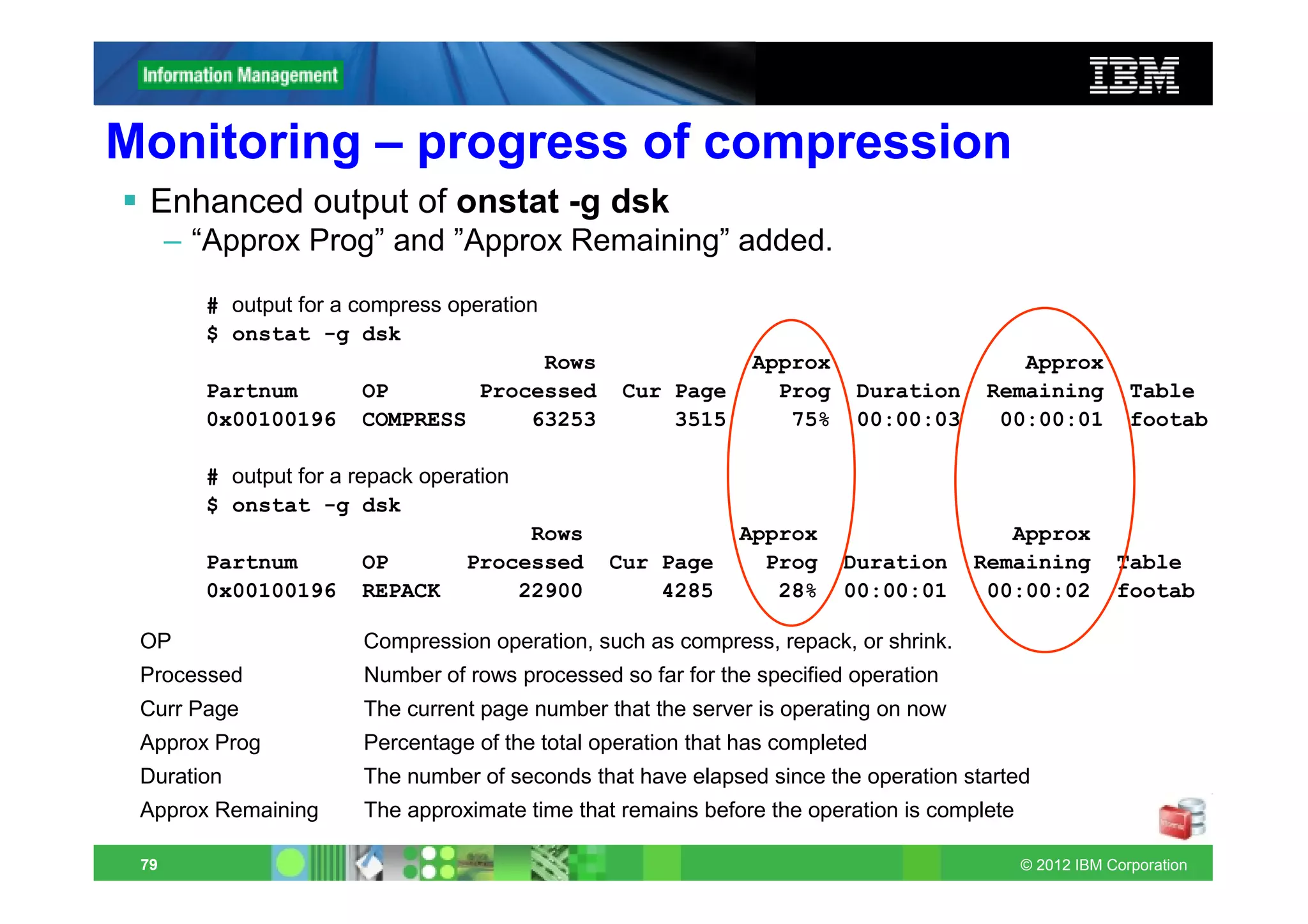 Monitoring – progress of compression
  Enhanced output of onstat -g dsk
      – “Approx Prog” and ”Approx Remaining” added.
        # output for a compress operation
        $ onstat -g dsk
                                     Rows                       Approx                    Approx
        Partnum        OP       Processed         Cur Page        Prog    Duration     Remaining           Table
        0x00100196     COMPRESS     63253             3515         75%    00:00:03      00:00:01           footab

        # output for a repack operation
        $ onstat -g dsk
                                       Rows                   Approx                     Approx
        Partnum        OP         Processed      Cur Page       Prog     Duration     Remaining          Table
        0x00100196     REPACK         22900          4285        28%     00:00:01      00:00:02          footab

 OP                     Compression operation, such as compress, repack, or shrink.
 Processed              Number of rows processed so far for the specified operation
 Curr Page              The current page number that the server is operating on now
 Approx Prog            Percentage of the total operation that has completed
 Duration               The number of seconds that have elapsed since the operation started
 Approx Remaining       The approximate time that remains before the operation is complete

 79                                                                                          © 2012 IBM Corporation
 