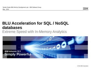 © 2014 IBM Corporation
Sandor Szabo IBM Informix Development Lab – IBM Software Group
May , 2014
BLU Acceleration for SQL / NoSQL
databases
Extreme Speed with In-Memory Analytics
 
