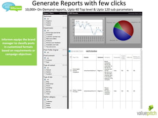 Generate Reports with few clicks 10,000+ On-Demand reports, Upto 40 Top level & Upto 120 sub parameters Informm equips the brand manager to classify posts in customized formats based on requirements or campaign objectives 