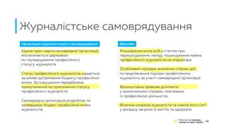 Журналістське самоврядування
18
Єдина прес-карта самоврядної організації,
яка визнається державою
як підтвердження професійного
статусу журналіста
Статус професійного журналіста надається
за умови дотримання Кодексу професійної
етики. За порушення передбачене
призупинення чи припинення статусу
професійного журналіста
Самоврядна організація розробляє та
затверджує Кодекс професійної етики
журналістів.
Розширення кола осіб у статтях про
перешкоджання, напад, пошкодження майна
професійного журналіста на оператора
Особливий порядок вчинення слідчих дій,
та пред’явлення підозри професійному
журналісту за участі самоврядної організації
Безкоштовна правова допомога
у кримінальних справах, пов’язаних
із професійною діяльністю
Фізична охорона журналіста та членів його сім’ї
у випадку загрози їх життю та здоров’ю
Організація журналістського самоврядування Держава
 