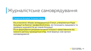 Журналістське самоврядування
20
На установчих зборах затверджується Статут, утворюються Рада
Асоціації та Комітет професійної етики, які починають працювати та
приймати журналістів до членів Асоціації.
Після формування репрезентативної кількості представників від
кожного регіону проводиться з’їзд, який формує нові органи
самоврядування.
Створення Асоціації. Установчі збори
 