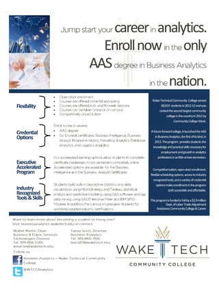 career analytics.
Enrollnow only
AAS
nation.
WakeTechnicalCommunity Collegeserved
68,919 studentsin2012-13andwas
rankedthesecondlargestcommunity
collegeinthecountryin2012by
CommunityCollegeWeek.
Afutureforwardcollege,itlaunchedtheAAS
inBusinessAnalytics,thefirstofitskind,in
2013.Theprogram providesstudentsthe
knowledgeandpracticalskillsnecessaryfor
employmentandgrowthinanalytics
professionsinaslittleastwosemesters.
Competitivetuition,open-doorenrollment,
flexibleschedulingoptions,accesstoindustry
recognizedtools,andavarietyofcredential
optionsmakeenrollmentintheprogram
bothaccessibleandaffordable.
Thisprogramisfundedinfullbya$2.9million
Dept.ofLaborTradeAdjustment
AssistanceCommunityCollegeCareer
Flexibility





Credential
Options


Executive
Accelerated
Program
Industry
Recognized
ToolsSkills
 