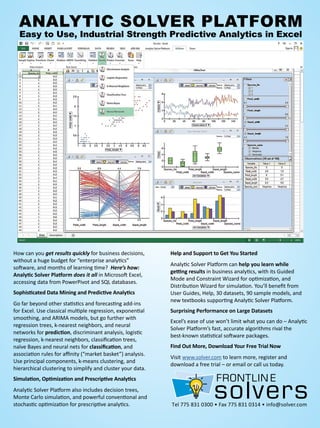 Tel 775 831 0300 • Fax 775 831 0314 • info@solver.com
AnAlytic Solver PlAtform
easy to Use, industrial Strength Predictive Analytics in excel
How can you get results quickly for business decisions,
without a huge budget for “enterprise analytics”
software, and months of learning time? Here’s how:
Analytic Solver Platform does it all in Microsoft Excel,
accessing data from PowerPivot and SQL databases.
Sophisticated Data Mining and Predictive Analytics
Go far beyond other statistics and forecasting add-ins
for Excel. Use classical multiple regression, exponential
smoothing, and ARIMA models, but go further with
regression trees, k-nearest neighbors, and neural
networks for prediction, discriminant analysis, logistic
regression, k-nearest neighbors, classification trees,
naïve Bayes and neural nets for classification, and
association rules for affinity (“market basket”) analysis.
Use principal components, k-means clustering, and
hierarchical clustering to simplify and cluster your data.
Simulation, Optimization and Prescriptive Analytics
Analytic Solver Platform also includes decision trees,
Monte Carlo simulation, and powerful conventional and
stochastic optimization for prescriptive analytics.
Help and Support to Get You Started
Analytic Solver Platform can help you learn while
getting results in business analytics, with its Guided
Mode and Constraint Wizard for optimization, and
Distribution Wizard for simulation. You’ll benefit from
User Guides, Help, 30 datasets, 90 sample models, and
new textbooks supporting Analytic Solver Platform.
Surprising Performance on Large Datasets
Excel’s ease of use won’t limit what you can do – Analytic
Solver Platform’s fast, accurate algorithms rival the
best-known statistical software packages.
Find Out More, Download Your Free Trial Now
Visit www.solver.com to learn more, register and
download a free trial – or email or call us today.
 