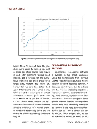 W W W. I N F O R M S . O R G72 | A N A LY T I C S - M AGA Z I N E . O R G
FORECASTING
March 16, or 17 days of data. The stu-
dents were asked to make a time plot
of these box-office figures (see Figure
3) and, after examining various trend
models, get a forecast for the cumu-
lative domestic box-office gross for a
target date, midterm day, March 31.
I knew that two days later (after I had
graded their exams and returned them),
Universal Studios would give the actual
cumulative domestic gross of the film
as of March 31. It was $85.39 million.
Of the various trend models we cov-
ered, the Weibull curve yielded the most
accurate forecast, $86.11 million; anoth-
er model was reasonably close, and the
others we discussed and they tried were
way off.
CATEGORIZING THE FORECAST
SOFTWARE
Commercial forecasting software
is available in two broad categories.
Using the nomenclature from previous
OR/MS Today forecasting surveys, the first
category is called dedicated software. A
dedicated product implies that the software
only has various forecasting capabilities,
such as Box-Jenkins, exponential smooth-
ing, trend analysis, regression and other
procedures. The second category is called
general statistical software. This implies the
product does have forecasting techniques
as a subset of the many statistical proce-
dures it can do. Thus, a product that can
do ANOVA, factor analysis, etc., as well
as Box-Jenkins techniques would fall into
Figure 3: Initial daily domestic box-office gross of the motion picture (“Non-Stop”).
 
