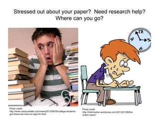 Stressed out about your paper? Need research help?
Where can you go?
Photo credit:
http://www.campusslate.com/news/2012/08/30/college-students-
got-stress-we-have-an-app-for-that/
Photo credit:
http://interhacker.wordpress.com/2013/01/08/the-
arabic-exam/
 