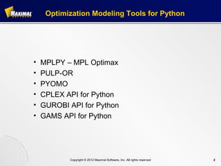 Maximal: Comparison of Optimization Modeling Software for Python - Oct ...