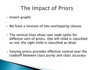    (insert graph)

   We have a mixture of two overlapping classes

   The vertical lines show root node splits for
    different sets of priors. (the left child is classified
    as red, the right child is classified as blue)

   Varying priors provides effective control over the
    tradeoff between class purity and class accuracy
 