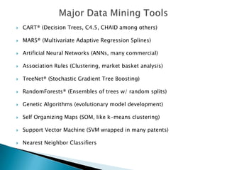    CART® (Decision Trees, C4.5, CHAID among others)

   MARS® (Multivariate Adaptive Regression Splines)

   Artificial Neural Networks (ANNs, many commercial)

   Association Rules (Clustering, market basket analysis)

   TreeNet® (Stochastic Gradient Tree Boosting)

   RandomForests® (Ensembles of trees w/ random splits)

   Genetic Algorithms (evolutionary model development)

   Self Organizing Maps (SOM, like k-means clustering)

   Support Vector Machine (SVM wrapped in many patents)

   Nearest Neighbor Classifiers
 