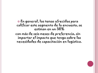 En general, los temas ofrecidos para calificar este segmento de la encuesta, se estiman en un 50%con más de seis meses de preferencia, sin importar el impacto que tenga sobre las necesidades de capacitación en logística.