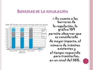 Barreras de la regulaciónEn cuanto a las barreras dela regulación, la gráfica 189permite observar que es consideradode mayor impacto, elnúmero de trámites existentes yel tiempo requerido para tramitarlos,en un nivel del 58%.
