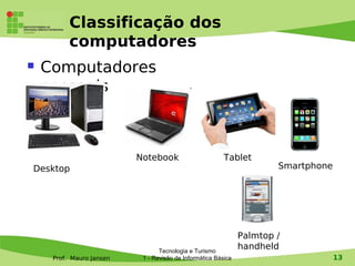 Classificação dos
          computadores
   Computadores
    pessoais



                          Notebook                       Tablet
Desktop                                                                Smartphone




                                                               Palmtop /
                                 Tecnologia e Turismo
                                                               handheld
     Prof. Mauro Jansen    1 - Revisão de Informática Básica                        13
 