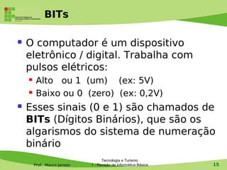 BITs

   O computador é um dispositivo
    eletrônico / digital. Trabalha com
    pulsos elétricos:
        Alto ou 1 (um) (ex: 5V)
        Baixo ou 0 (zero) (ex: 0,2V)
   Esses sinais (0 e 1) são chamados de
    BITs (Dígitos Binários), que são os
    algarismos do sistema de numeração
    binário
                                   Tecnologia e Turismo
        Prof. Mauro Jansen   1 - Revisão de Informática Básica   15
 