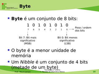 Byte

   Byte é um conjunto de 8 bits:
                  1 0 1 0 1 0 1 0
                                                                          Peso / ordem
                   7      6   5        4       3      2      1        0
                                                                          dos bits

         Bit 7: Bit mais                                  Bit 0: Bit menos
          significativo                                     significativo
              (MSB)                                             (LSB)

   O byte é a menor unidade de
    memória
   Um Nibble é um conjunto de 4 bits
    (metade de um byte)                 Tecnologia e Turismo
     Prof. Mauro Jansen           1 - Revisão de Informática Básica                      16
 