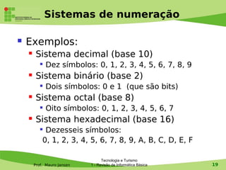 Sistemas de numeração

   Exemplos:
        Sistema decimal (base 10)
              Dez símbolos: 0, 1, 2, 3, 4, 5, 6, 7, 8, 9
        Sistema binário (base 2)
              Dois símbolos: 0 e 1 (que são bits)
        Sistema octal (base 8)
              Oito símbolos: 0, 1, 2, 3, 4, 5, 6, 7
        Sistema hexadecimal (base 16)
            Dezesseis símbolos:
            0, 1, 2, 3, 4, 5, 6, 7, 8, 9, A, B, C, D, E, F

                                   Tecnologia e Turismo
        Prof. Mauro Jansen   1 - Revisão de Informática Básica   19
 