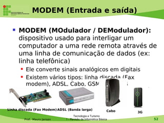 MODEM (Entrada e saída)

     MODEM (MOdulador / DEModulador):
      dispositivo usado para interligar um
      computador a uma rede remota através de
      uma linha de comunicação de dados (ex:
      linha telefônica)
          Ele converte sinais analógicos em digitais
          Existem vários tipos: linha discada (Fax
           modem), ADSL, Cabo, GSM/CDMA/3G



Linha discada (Fax Modem) ADSL (Banda larga)                   Cabo   3G
                                     Tecnologia e Turismo
          Prof. Mauro Jansen   1 - Revisão de Informática Básica           52
 