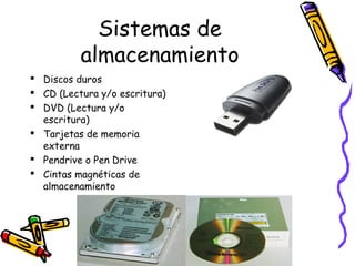 Sistemas de
almacenamiento
 Discos duros
 CD (Lectura y/o escritura)
 DVD (Lectura y/o
escritura)
 Tarjetas de memoria
externa
 Pendrive o Pen Drive
 Cintas magnéticas de
almacenamiento
 
