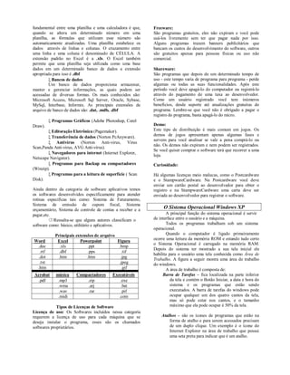 fundamental entre uma planilha e uma calculadora é que,     Freeware:
quando se altera um determinado número em uma               São programas gratuitos, eles não expiram e você pode
planilha, as fórmulas que utilizam esse número são          usá-los livremente sem ter que pagar nada por isso.
automaticamente atualizadas. Uma planilha estabelece os     Alguns programas trazem banners publicitários que
dados através de linhas e colunas. O cruzamento entre       bancam os custos do desenvolvimento do software, outros
uma linha e uma coluna é denominado de CÉLULA. A            são gratuitos apenas para pessoas físicas ou uso não
extensão padrão no Excel é a .xls. O Excel também           comercial.
permite que uma planilha seja utilizada como uma base
dados em um determinado banco de dados a extensão           Shareware:
apropriada para isso é .dbf                                 São programas que depois de um determinado tempo de
          Bancos de dados                                  uso - este tempo varia de programa para programa - perde
         Um banco de dados proporciona armazenar,           algumas ou todas as suas funcionalidades. Após este
manter e gerenciar informações, as quais podem ser          período você deve apagá-lo do computador ou registrá-lo
acessadas de diversas formas. Os mais conhecidos são:       através do pagamento de uma taxa ao desenvolvedor.
Microsoft Access, Microsoft Sql Server, Oracle, Sybase,     Como um usuário registrado você tem inúmeros
MySql, Interbase, Informix. As principais extensões de      benefícios, desde suporte até atualizações gratuitas do
arquivo de banco de dados são: .dat, .mdb, .dbf             programa. Lembre-se que você não é obrigado a pagar o
                                                            registro do programa, basta apagá-lo do micro.
           Programas Gráficos (Adobe Photoshop, Corel
Draw).                                                      Demo:
         Editoração Eletrônica (Pagemaker).                Este tipo de distribuição é mais comum em jogos. Os
         Transferência de dados (Norton PcAnyware).        demos de jogos apresentam apenas algumas fases e
                                                            servem para você analisar se vale a pena comprá-lo ou
         Antivírus (Norton Anti-virus, Virus
                                                            não. Os demos não expiram e nem podem ser registrados.
Scan,Panda Anti-virus, AVG Anti-vírus).
                                                            Se você quiser comprar o software terá que recorrer a uma
         Navegadores para internet (Internet Explorer,
                                                            loja.
Netscape Navigator).
         Programas para Backup ou compactadores            Curiosidade:
(Winzip).
         Programas para a leitura de superfície ( Scan     Há algumas licenças meio malucas, como o Postcardware
Disk).                                                      e o StampwareCardware. Na Postcardware você deve
                                                            enviar um cartão postal ao desenvolvedor para obter o
Ainda dentro da categoria de software aplicativos temos     registro e na StampwareCardware uma carta deve ser
os softwares desenvolvidos especificamente para atender     enviada ao desenvolvedor para registrar o software.
rotinas especificas tais como: Sistema de Faturamento,
Sistema de emissão de cupom fiscal, Sistema
orçamentário, Sistema de controle de contas a receber e a
                                                                 O Sistema Operacional Windows XP
pagar,etc.                                                         A principal função do sistema operacional é servir
         Ressalta-se que alguns autores classificam o      de interface entre o usuário e a máquina.
software como: básico, utilitário e aplicativos.                   Todos os programas trabalham sob um sistema
                                                            operacional.
             Principais extensões de arquivo                       Quando o computador é ligado primeiramente
                                                            ocorre uma leitura da memória ROM e estando tudo certo
Word          Excel       Powerpoint         Figura
                                                            o Sistema Operacional é carregado na memória RAM.
 .doc          .xls            .ppt           .bmp
                                                            Depois do sistema ter mostrado a sua tela inicial ele
   .rtf        .dbf            .pps             .tif
                                                            habilita para o usuário uma tela conhecida como Área de
  .dot        .htm            .htm             .jpg
                                                            Trabalho. A figura a seguir mostra uma área de trabalho
  .txt                                        .jpeg         do windows.
 .htm                                           .gif               A área de trabalho é composta de:
Acrobat      música     Compactadores     Executáveis            Barra de Tarefas – fica localizada na parte inferior
 .pdf         .mp3          .zip              .exe                    da tela e contém o Botão Iniciar, a data e hora do
              .wma           .arj             .bat                    sistema e os programas que estão sendo
              .wav          .rar              .pif                    executados. A barra de tarefas do windows pode
              .midi                          .com                     ocupar qualquer um dos quatro cantos da tela,
                                                                      mas só pode estar nos cantos, e o tamanho
             Tipos de Licenças de Software                            máximo que ela pode ocupar é 50% da tela.
Licença de uso: Os Softwares incluídos nessa categoria
requerem a licença de uso para cada máquina que se              Atalhos – são os ícones de programas que estão na
deseja instalar o programa, esses são os chamados                   forma de atalho e para serem acessados precisam
softwares proprietários.                                            de um duplo clique. Um exemplo é o ícone do
                                                                    Internet Explorer na área de trabalho que possui
                                                                    uma seta preta para indicar que é um atalho.
 
