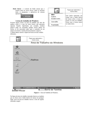 Botão Iniciar – é através do botão iniciar que o
        usuário entra no menu iniciar, onde se encontra                             Figura que representa a
        todos os programas e aplicativos do sistema                                      lixeira cheia.
        operacional.
                                                                                  Esta janela representa um
                                                                                  clique com o botão direito
                                                                                  do mouse sobre o ícone da
        A área de trabalho do Windows                                             lixeira na área de trabalho.
Existem alguns ícones na área de trabalho que não são                             Nesse caso a lixeira estava
atalhos, como é o caso do ícone lixeira, que apresenta                            no modo cheio.
algumas funções importantes, por exemplo, nenhum
arquivo pode ser executado quando estiver dentro da
lixeira, se for necessário saber qual o conteúdo de um
arquivo na lixeira o usuário deverá restaurar o arquivo.
A tabela abaixo mostra a figura da lixeira em dois estados
diferentes.


                               Figura que representa a
                                    lixeira vazia.

                                  Área de Trabalho do Windows




                                  Atalhos




  Botão Iniciar                                              Barra de Tarefas
                                        Figura 1 – Área de Trabalho do Windows.

Na figura da área de trabalho mostrada observa-se também
que ao clicar com o botão direito do mouse em qualquer
lugar vazio da área de trabalho tem-se a lista de opções
mostrada a seguir:
 