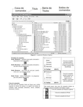 Caixa de                                         Barra de                     Botões de
                                        Título
          comandos                                         Títulos                      comandos




                                      Figura 8 – A janela do Windows Explorer

    Os botões de comandos:
    Botão Minimizar – minimiza uma janela colocando à
        disposição na barra de tarefas.                                                        Caixa de comandos
                                                                                                mostrada quando a
                                                                                              janela esta restaurada.
    Botão Maximizar – maximiza uma janela colocando-a                                         A opção restaurar está
        sob toda a tela do computador.                                                             desabilitada.

    Botão Restaurar – este botão faz com que a janela
        volte a ter o seu tamanho normal.
                                                                                               Caixa de comandos
                                                                                               quando a janela esta
    Botão Fechar – fecha as aplicações e ou programas
                                                                                                 maximizada. As
        que essas janelas representam.
                                                                                                 opções mover,
                                                                                              tamanho e maximizar
                                                                                               estão desabilitadas.
Caixa de comandos:
No item caixa de comandos, basta um clique com o botão
esquerdo ou direito do mouse e as opções dos botões de       Toda janela possui uma caixa de comandos própria as
comando serão mostradas (Restaurar, mover, tamanho,          principais caixas de comandos são listadas a seguir:
minimizar e fechar).                                                         Caixa de comandos do Windows Explorer.

                                                                                 Caixa de comandos do Word.

                                                                                 Caixa de comandos do Excel.
 