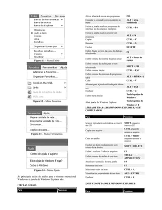 Ativar a barra de menu nos programas              F10
                                                            Executar o comando correspondente no              ALT + letra
                                                            menu                                              sublinhada
                                                            Fechar a janela atual em programas de
                                                                                                              CTRL + F4
                                                            interface de documentos múltiplos
                                                            Fechar a janela atual ou encerar um
                                                                                                              ALT + F4
                                                            programa
                                                            Copiar                                            CTRL + C
                                                            Recortar                                          CTRL + X
                                                            Excluir                                           DELETE
                                                            Exibir Ajuda no item da caixa de diálogo          F1
                                                            selecionado
                                                                                                              ALT + Barra de
                                                            Exibir o menu de sistema da janela atual
                Figura 11 – Menu Exibir                                                                       espaço
                                                            Exibir o menu de atalho para o item
                                                                                                              SHIFT + F10
                                                            selecionado
                                                            Exibir o menu Iniciar                             CTRL + ESC
                                                            Exibir o menu de sistemas de programas
                                                                                                              ALT + HÍFEN (-)
                                                            MDI
                                                            Colar                                             CTRL + V
                                                            Alternar para a janela utilizada pela última
                                                                                                              ALT + TAB
                                                            vez
                                                            Desfazer                                          CTRL + Z
                                                                                                              Tecla logotipo do
                                                            Exibir menu iniciar
                                                                                                              Windows
              Figura 12 – Menu Favoritos                                                                      Tecla logotipo do
                                                            Abrir janela do Windows Explorer
                                                                                         Windows + E
                                                            ÁREA DE TRABALHO,WINDOWS EXPLORER, MEU
                                                            COMPUTADOR

                                                            Para                                           Pressione

                                                            Ignorar reprodução automática ao inserir       SHIFT enquanto
                                                            um CD                                          insere o CD
                                                                                                           CTRL enquanto
                                                            Copiar um arquivo
                                                                                                           arrasta o arquivo
             Figura 13 – Menu Ferramentas
                                                                                                           CTRL + SHIFT
                                                            Criar um atalho                                enquanto arrasta o
                                                                                                           arquivo
                                                            Excluir um item imediatamente sem
                                                                                                           SHIFT + DELETE
                                                            colocá-lo na lixeira
                                                            Exibir Localizar: Todos os arquivos            F3
                                                                                                           TECLA
                                                            Exibir o menu de atalho de um item
                                                                                                           APPLICATION
                                                            Atualizar o conteúdo de uma janela             F5
                                                            Renomear um item                               F2

                Figura 14 – Menu Ajuda                      Selecionar todos os itens                      CTRL + A
                                                            Visualizar as propriedades de um item          ALT + ENTER
As principais teclas de atalho para o sistema operacional   Desfazer                                       CTRL + Z
Windows e a janela do Windows Explorer são:
                                                            MEU COMPUTADOR E WINDOWS EXPLORER
TECLAS GERAIS

Para                                   Pressione
                                                            Para                                           Pressione
 