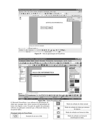 Figura 29 – Tela de apresentação do PowerPoint.




                                           Figura 29b – Janela PowerPoint 2003.
O Microsoft PowerPoint é um software de apresentação de
slides que consegue aliar vários recursos de apresentação de                            Modo de exibição de slides normal
textos com figuras e sons. Faz parte do quadro dos principais
softwares de aplicação comercial que a Microsoft oferece no                        Modo de exibição de slides por estrutura
seu pacote Office.                                                                               de tópicos.

                                                                                       Modo de exibição em forma de slides
Principais botões do PowerPoint:
                       Inserção de um novo slide                                         Modo de exibição em forma de
                                                                                            classificação de slides.
 