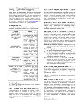 protocolos: o TCP, que significa Protocolo de Controle de
Transporte; e o IP, que significa Protocolo Internet.           POP3 (POSTO OFFICE PROTOCOL) – Protocolo
         Na verdade, o acrônimo TCP/IP refere-se a uma          utilizado para o recebimento de mensagens, também é
grande família de protocolos que funciona em conjunto para      necessário indicar um caminho de pop3 para a busca das
permitir uma comunicação completa. Veremos mais adiante,        mensagens no computador remoto. O protocolo pop3 só
que o conjunto de protocolos TCP/IP além de englobar os         permite a leitura das mensagens se elas forem retiradas do
protocolos TCP e IP, também engloba outros protocolos, tais     servidor, ou seja, quando uma mensagem nova chega o pop3
como ICMP (Internet Control Message Protocol) e o DNS           faz a transferência das mensagens do servidor para o
(Domain Name Service), que permite a troca de mensagens         computador do usuário.
de controle e a tradução de nomes (www.uol.com.br) em
endereços numéricos (200.193.79.1), respectivamente.            IMAP (INTERACTIVE MAIL ACCESS PROTOCOL) –
                                                                Protocolo utilizado para a leituras das mensagens dentro do
As camadas do TCP/IP                                            servidor sem a necessidade de transferência para o
         O conjunto de camadas é conhecido como                 computador do usuário dessa maneira o usuário poderá
arquitetura de redes, e no caso do TCP/IP é assim dividido.     acessar as mensagens de qualquer lugar.

       Camadas                        Função                    FTP ( FILE TRANSFER PROTOCOL ) – Protocolo de
      APLICAÇAO             Reúne os protocolos de alto         transferência de arquvos e esta entre os mais antigos serviços
    Protocolos: SMTP,       nível que fornecem serviços         da UNIX, sendo até hoje um dos protocolos de maior
   TELNET, FTP, http,       de comunicação ao usuário.          utilização na internet. Sua principal finalidade é transferir
                            Esses serviços são de acesso
   DNS, POP3, IMAP,                                             arquivos entre estações, tanto enviado quanto recebendo
                            remoto (TELNET), correio
          NNTP              eletrônico (SMTP, IMAP,             arquivos. De certa forma, o FTP compete com o serviço
                            POP3),      transferência     de    HTTP(web) em disponibilizar arquivos de acesso público na
                            arquivos (FTP), grupo de            internet, porém possui funcionalidades mais peculiares que
                            notícias     (NNTP),        abrir   um servidor http, dentre as principais:
                            páginas da internet (http).         Comando de sistemas de arquivos - permite a execução de
    TRANSPORTE              Reúne os protocolos que                   comandos remotos para manutenção de sistemas de
 Protocolos: TCP, UDP       realizam as funções de                    arquivos.
                            transporte de dados fim-a-          Controle de permissões baseado em usuários – permite
                            fim, ou seja, considerando                que usuário do sistema possam ser identificados.
                            apenas a origem e destino           Reinicio de transferências incompletas – isso é bastante
                            da comunicação, sem se                    útil para reiniciar um download de um arquivo muito
                            preocupar      com       os               longo por um cliente a partir do ponto em que foi
                            elementos intermediários.                 finalizado por uma queda de conexão.
     INTER-REDE             Responsável             pela        Compactação de arquivos sob demanda (on-the-fly) –
   Protocolos: IP, ICM,     transferência de dados da                 suponha que tenha um diretório ou arquivo muito
       ARP, RARP            máquina de origem à                       grande no servidor remoto não compactados, com um
                            maquina destino, fazendo                  tamanho que torna impossível baixa-los devido à sua
                            o roteamento         e      a             baixa velocidade de acesso à internet.
                            comutação de pacotes.
INTERFACE DE REDE           É responsável pelo envio            HTTP (HYPER TEXT TRANSFER PROTOCOL) – é o
    Protocolos: PPP,        de               datagramas         protocolo padrão de transferência de conteúdo nos servidores
  Ethernet, Token-Ring,     construídos pela camada             Web, ou seja, é o protocolo que permite a visualização de
   FDDI, HDLC, SLIP,        InterRede. Esta camada              páginas da web (Hipertextos) através de um programa de
         ATM.               realiza      também         o       navegação ou “browser”.
                            mapeamento entre um
                            endereço de identificação           TELNET – é o protocolo que permite o acesso remoto a
                            de nível Inter-rede para            computadores.
                            um endereço físico ou
                            lógico do nível de Rede.            DNS (DOMAIN NAME SERVICE) – A função do
                                                                Servidor de Nomes de Domínio (DNS) transformar strings
Camada de aplicação                                             (nomes) para endereços IP. Primeiramente, os nomes e
Na Camada de Aplicação do protocolo TCP/IP temos os             endereços eram armazenados automaticamente no seu
protocolos de alto nível:                                       computador local e por meio de arquivo texto. Tão logo uma
                                                                rede ultrapassa alguns computadores, começam a surgir os
SMTP (SIMPLE MAIL TRANSFER PROTOCOL) –                          problemas referentes a manter todos os endereços em todos
Protocolo de envio de mensagens no Outlook Express. É           os computadores. Faz sentido automatizar a manutenção da
necessário indicar um caminho de smtp para que as               lista. Para resolver este problema foi criado o DNS que
mensagens sejam levadas até um servidor. O programa             baseia-se em um computador que gerencia a lista e faz que
padrão que cuida do gerenciamento das mensagens de              os outros computadores o consultem para procurar
correio eletrônico do seu computador é o OUTLOOK                endereços.
EXPRESS.
                                                                2 . Camada de Transporte
 