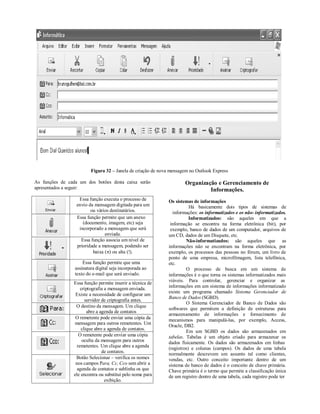 Figura 32 – Janela de criação de nova mensagem no Outlook Express

As funções de cada um dos botões desta caixa serão                   Organização e Gerenciamento de
apresentados a seguir:                                                        Informações.
                   Essa função executa o processo de         Os sistemas de informações
                  envio da mensagem digitada para um                    Há basicamente dois tipos de sistemas de
                         ou vários destinatários.              informações: os informatizados e os não- informatizados.
                  Essa função permite que um anexo                      Informatizados: são aqueles em que a
                     (documento, imagem, etc) seja            informação se encontra na forma eletrônica (bit), por
                   incorporado a mensagem que será            exemplo, banco de dados de um computador, arquivos de
                                enviada.                     um CD, dados de um Disquete, etc.
                    Essa função associa um nível de                   Não-informatizados: são aqueles que as
                  prioridade a mensagem, podendo ser         informações não se encontram na forma eletrônica, por
                          baixa () ou alta (!).             exemplo, os processos das pessoas no fórum, um livro de
                                                             ponto de uma empresa, microfilmagem, lista telefônica,
                     Essa função permite que uma             etc.
                 assinatura digital seja incorporada ao               O processo de busca em um sistema de
                 texto do e-mail que será enviado.           informações é o que torna os sistemas informatizados mais
                                                             viáveis. Para controlar, gerenciar e organizar as
                 Essa função permite inserir a técnica de
                                                             informações em um sistema de informações informatizado
                     criptografia a mensagem enviada.
                                                             existe um programa chamado Sistema Gerenciador de
                  Existe a necessidade de configurar um
                                                             Banco de Dados (SGBD).
                       servidor de criptografia antes.
                                                                      O Sistema Gerenciador de Banco de Dados são
                  O destino da mensagem. Um clique
                                                             softwares que permitem a definição de estruturas para
                        abre a agenda de contatos
                                                             armazenamento de informações e fornecimento de
                  O remetente pode enviar uma cópia da       mecanismos para manipulá-las, por exemplo, Access,
                 mensagem para outros remetentes. Um
                                                             Oracle, DB2.
                     clique abre a agenda de contatos.
                                                                      Em um SGBD os dados são armazenados em
                    O remetente pode enviar uma cópia        tabelas. Tabelas é um objeto criado para armazenar os
                      oculta da mensagem para outros         dados fisicamente. Os dados são armazenados em linhas
                   remetentes. Um clique abre a agenda       (registros) e colunas (campos). Os dados de uma tabela
                                de contatos.                 normalmente descrevem um assunto tal como clientes,
                  Botão Selecionar – verifica os nomes       vendas, etc. Outro conceito importante dentro de um
                  nos campos Para, Cc, Cco sem abrir a       sistema de banco de dados é o conceito de chave primária.
                   agenda de contatos e sublinha os que      Chave primária é o termo que permite a classificação única
                 ele encontra ou substitui pelo nome para    de um registro dentro de uma tabela, cada registro pode ter
                                  exibição.
 