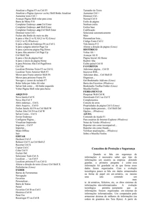 Atualizar a Página F5 ou Ctrl F5                           Tamanho do Texto
Atualizar a Página (ignorar cache) Shift Botão Atualizar   Aumentar Ctrl +
Aumentar texto Ctrl +                                      Diminuir Ctrl -
Avançar Página Shift rolar para cima                       Normal Ctrl 0
Barra de Menu F10                                          Estilo de página
Completar Endereço .com Ctrl Enter                         Nenhum estilo
Completar Endereço .net Shift Enter                        Estilos base
Completar Endereço .org Ctrl Shift Enter                   Codificação
Diminuir texto Ctrl -                                      Selecionar automaticamente
Fechar aba Botão do meio na aba                            Mais
Ir para a Aba [1 to 9] Alt [1 to 9] (Linux)                Personalizar lista...
Ctrl [1 to 9] (Windows)                                    Código Fonte Ctrl U
Ir para a Barra de Endereço F6 ou Ctrl L                   Tela Inteira F11
Ir para a página anterior Page Up                          Alterar a direção da página (Linux)
Ir para a próxima página Pag Down                          HISTÓRICO
Ir para Aba anterior Ctrl Page Up                          Voltar Alt ¬
Ctrl Shift Tab                                             Avançar Alt ®
Ir para o fim da página End                                Página Inicial Alt Home
Ir para o início da página Home                            Reabrir Aba
Ir para Próxima Aba Ctrl PageDown                          Exibir painel Ctrl H
Ctrl Tab                                                   FAVORITOS
Localizar Próxima Texto F3 ou Ctrl G                       Adicionar página... Ctrl D
Localizar Texto Anterior Shift F3                          Inscrever RSS...
Mover para Frame anterior Shift F6                         Adicionar abas... Ctrl Shift D
Mover para próximo Frame F6                                Organizar...
Navegar c/ cursor de teclado F7                            Get Bookmarks Add-ons (Linux)
Rolar linha por linha Alt rolar                            Barra dos Favoritos (Windows)
Salvar link como ... Alt botão esquerdo                    Bookmarks Toolbar Folder (Linux)
Voltar Página Shift rolar para baixo                       Mozilla Firefox
                                                           FERRAMENTAS
ARQUIVO                                                    Pesquisar Web Ctrl K
Nova Janela Ctrl N                                         Downloads Ctrl J ou Ctrl Y
Nova Aba Ctrl T                                            Complementos
Abrir endereço... Ctrl L                                   Console de erros
Abrir Arquivo... Ctrl O                                    Propriedades da página Ctrl I (Linux)
Fechar Janela Alt F4 ou Ctrl Shift W                       Limpar dados pessoais... Ctrl Shift Del
Fechar Aba Ctrl F4 ou Ctrl W                               Opções... (Windows)
Salvar Como... Ctrl S                                      AJUDA
Enviar Endereço                                            Conteúdo da Ajuda F1
Configurar Página...                                       Para usuários do Internet Explorer (Windows)
Visualizar Impressão                                       Notas da Versão (Windows)
Imprimir... Ctrl P                                         Reportar site como incompatível...
Importar...                                                Reportar site como fraude...
Modo Offline                                               Verificar atualizações... (Windows)
Sair                                                       Sobre o Mozilla Firefox
EDITAR
Desfazer Ctrl Z
Refazer Ctrl Y ou Ctrl Shift Z
Recortar Ctrl X
Copiar Ctrl C                                                      Conceitos de Proteção e Segurança
Colar Ctrl V
Excluir Del                                                          Quando se fala em segurança de
Selecionar Tudo Ctrl A                                      informações é necessário saber que tipo de
Localizar ... / ou Ctrl F                                   informações um usuário ou empresa pretende
Localizar próxima F3 ou Ctrl G                              guardar, a primeira pergunta é como essa
Alterar a direção do texto (Linux) Ctrl Shift X             informação foi guardada ou de que forma esses
Preferências (Linux)                                        dados foram organizados. Com a evolução
EXIBIR                                                      tecnológica pouco se fala em dados armazenados
Barras de Ferramentas                                       na forma de papel em um armário, ou mesmo
Navegação                                                   uma           sala            contendo            um
Favoritos                                                                                                    mon
Personalizar...                                             te de armários, ficheiros, etc, os ditos sistemas de
Barra de Status                                             informações não-informatizados.       A      evolução
Painel                                                      tecnológica      permitiu justamente       que     as
Favoritos Ctrl B ou Ctrl I                                  informações fossem organizadas em sistemas de
Histórico Ctrl H                                            informações informatizados. Um computador pode
Parar Esc                                                   armazenar dezenas de milhares de informações (na
Recarregar F5 ou Ctrl R                                     ordem de grandeza dos Tera Bytes). A partir do
 