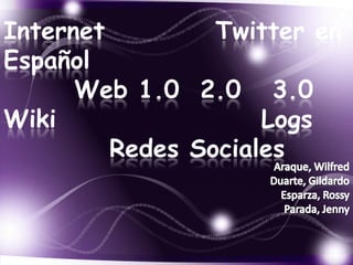 Internet         Twitter en
Español
      Web 1.0 2.0 3.0
Wiki                 Logs
         Redes Sociales
 
