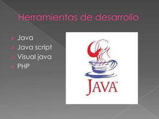  Java
 Java script
 Visual java
 PHP
 