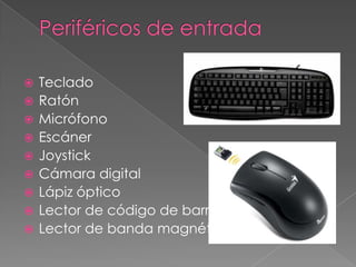    Teclado
   Ratón
   Micrófono
   Escáner
   Joystick
   Cámara digital
   Lápiz óptico
   Lector de código de barras
   Lector de banda magnética
 