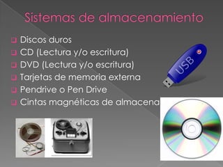    Discos duros
   CD (Lectura y/o escritura)
   DVD (Lectura y/o escritura)
   Tarjetas de memoria externa
   Pendrive o Pen Drive
   Cintas magnéticas de almacenamiento
 