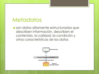 Metadatos
 sondatos altamente estructurados que
 describen información, describen el
 contenido, la calidad, la condición y
 otras características de los datos
 
