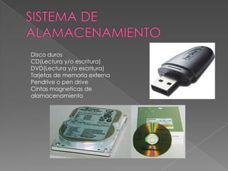 Disco duros
CD(Lectura y/o escritura)
DVD(Lectura y/o escritura)
Tarjetas de memoria externa
Pendrive o pen drive
Cintas magneticas de
alamacenamiento
 