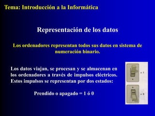 Los datos viajan, se procesan y se almacenan en
los ordenadores a través de impulsos eléctricos.
Estos impulsos se representan por dos estados:
Prendido o apagado = 1 ó 0
Representación de los datos
Los ordenadores representan todos sus datos en sistema de
numeración binario.
Tema: Introducción a la Informática
 