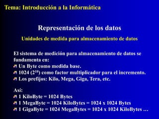 El sistema de medición para almacenamiento de datos se
fundamenta en:
Un Byte como medida base.
1024 (210) como factor multiplicador para el incremento.
Los prefijos: Kilo, Mega, Giga, Tera, etc.
Representación de los datos
Unidades de medida para almacenamiento de datos
Así:
1 KiloByte = 1024 Bytes
1 MegaByte = 1024 KiloBytes = 1024 x 1024 Bytes
1 GigaByte = 1024 MegaBytes = 1024 x 1024 KiloBytes …
Tema: Introducción a la Informática
 