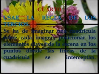 USAR LA REGLA DE LOS
TERCIOS.
Se ha de imaginar una cuadrícula
sobre cada imagen, posicionar los
elementos claves de la escena en los
puntos donde las líneas de la
cuadrícula
se
interceptan.