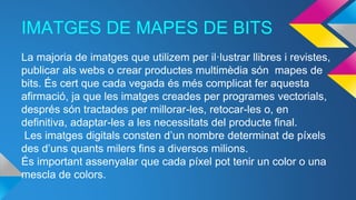 IMATGES DE MAPES DE BITS
La majoria de imatges que utilizem per il·lustrar llibres i revistes,
publicar als webs o crear productes multimèdia són mapes de
bits. És cert que cada vegada és més complicat fer aquesta
afirmació, ja que les imatges creades per programes vectorials,
després són tractades per millorar-les, retocar-les o, en
definitiva, adaptar-les a les necessitats del producte final.
Les imatges digitals consten d’un nombre determinat de píxels
des d’uns quants milers fins a diversos milions.
És important assenyalar que cada píxel pot tenir un color o una
mescla de colors.
 