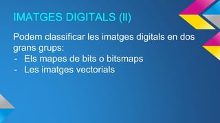IMATGES DIGITALS (ll)
Podem classificar les imatges digitals en dos
grans grups:
- Els mapes de bits o bitsmaps
- Les imatges vectorials
 