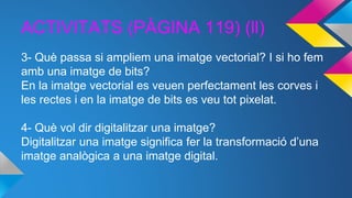 ACTIVITATS (PÀGINA 119) (ll)
3- Què passa si ampliem una imatge vectorial? I si ho fem
amb una imatge de bits?
En la imatge vectorial es veuen perfectament les corves i
les rectes i en la imatge de bits es veu tot pixelat.
4- Què vol dir digitalitzar una imatge?
Digitalitzar una imatge significa fer la transformació d’una
imatge analògica a una imatge digital.
 