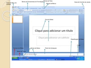 Caixa de Menu de 
controle 
Barras de Titulo 
Barras de Ferramentas de Formatação Caixa de Controle da Janela 
Barras de Menus 
Guia de Slides 
Barras de Status Painel de Anotaçoes 
Classificação de Slides 
Zoom 
Numero de Slides 
Nome do Tema 
 