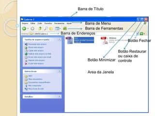 Barra de Título 
Barra de Menu 
Barra de Ferramentas 
Barra de Endereços 
Botão Minimizar 
Area da Janela 
Botão Fechar 
Botão Restaurar 
ou caixa de 
controle 
 