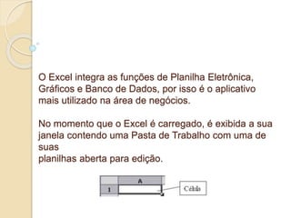 O Excel integra as funções de Planilha Eletrônica, 
Gráficos e Banco de Dados, por isso é o aplicativo 
mais utilizado na área de negócios. 
No momento que o Excel é carregado, é exibida a sua 
janela contendo uma Pasta de Trabalho com uma de 
suas 
planilhas aberta para edição. 
 