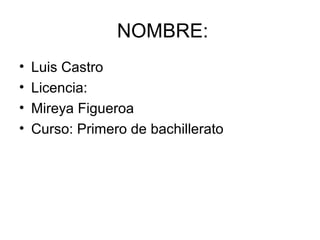 NOMBRE:
• Luis Castro
• Licencia:
• Mireya Figueroa
• Curso: Primero de bachillerato
 