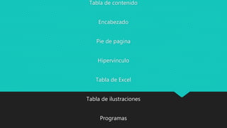 Tabla de contenido
Encabezado
Pie de pagina
Hipervínculo
Tabla de Excel
Tabla de ilustraciones
Programas
 