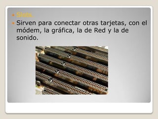 Slots.Sirven para conectar otras tarjetas, con el módem, la gráfica, la de Red y la de sonido.