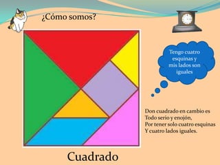 ¿Cómo somos?



                          Tengo cuatro
                           esquinas y
                          mis lados son
                             iguales




                Don cuadrado en cambio es
                Todo serio y enojón,
                Por tener solo cuatro esquinas
                Y cuatro lados iguales.




     Cuadrado
 