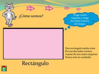 Tengo cuatro
¿Cómo somos?        esquinas y tengo
                    dos lados cortos y
                       dos largos.




               Don rectángulo estaba triste
               Por sus dos lados cortitos.
               A pesar de sus cuatro esquinas
               Nunca será un cuadrado .

 Rectángulo
 