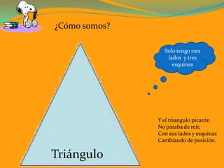 ¿Cómo somos?

                 Solo tengo tres
                  lados y tres
                    esquinas




               Y el triangulo picarón
               No paraba de reír,
               Con sus lados y esquinas
               Cambiando de posición.

Triángulo
 