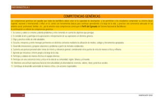 INFORMÁTICA I


                                                                     COMPETENCIAS GENÉRICAS
Las competencias genéricas son aquellas que todos los bachilleres deben estar en la capacidad de desempeñar, y les permitirán a los estudiantes comprender su entorno (local,
regional, nacional o internacional) e influir en él, contar con herramientas básicas para continuar aprendiendo a lo largo de la vida, y practicar una convivencia adecuada en sus
ámbitos social, profesional, familiar, etc., por lo anterior estas competencias construyen el Perfil del Egresado del Sistema Nacional de Bachillerato.
A continuación se enlistan las competencias genéricas:
1. Se conoce y valora a sí mismo y aborda problemas y retos teniendo en cuenta los objetivos que persigue.
2. Es sensible al arte y participa en la apreciación e interpretación de sus expresiones en distintos géneros.
3. Elige y practica estilos de vida saludables.
4. Escucha, interpreta y emite mensajes pertinentes en distintos contextos mediante la utilización de medios, códigos y herramientas apropiados.
5. Desarrolla innovaciones y propone soluciones a problemas a partir de métodos establecidos.
6. Sustenta una postura personal sobre temas de interés y relevancia general, considerando otros puntos de vista de manera crítica y reflexiva.
7. Aprende por iniciativa e interés propio a lo largo de la vida.
8. Participa y colabora de manera efectiva en equipos diversos.
9. Participa con una conciencia cívica y ética en la vida de su comunidad, región, México y el mundo.
10. Mantiene una actitud respetuosa hacia la interculturalidad y la diversidad de creencias, valores, ideas y prácticas sociales.
11. Contribuye al desarrollo sustentable de manera crítica, con acciones responsables.




              10                                                                                                                                                DGB/DCA/07-2010
 